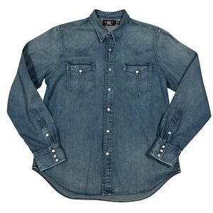 Ralph Lauren Double RL Denim Shirt Mens XL Slim Fit Western Pearl Snap Cowboy